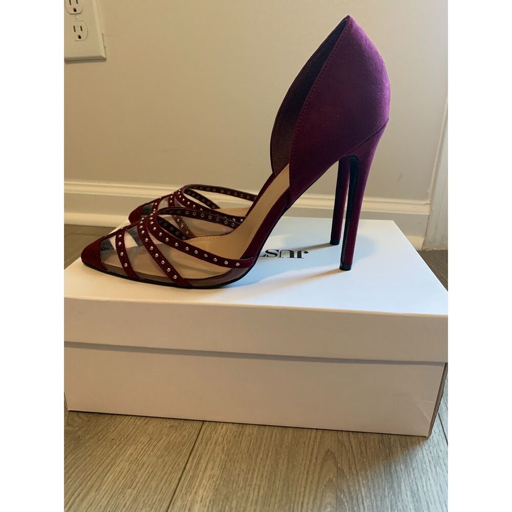 JustFab Burgundy Studded Strappy Stiletto Heels Pointed Toe Size 10 - Picture 5 of 7